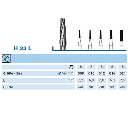 T-Carbide Bur HP #H33L-021 Taper Long X-Cut US# 703L Pkt5